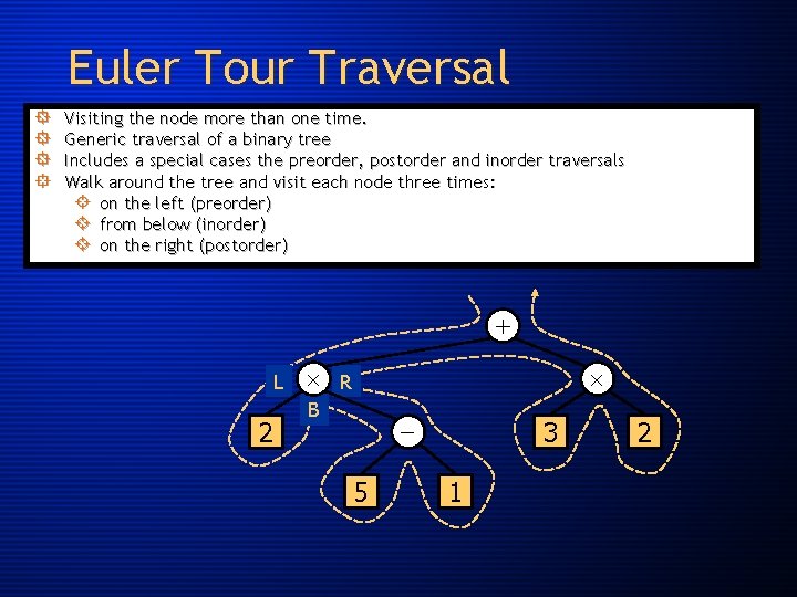 Euler Tour Traversal ° ° Visiting the node more than one time. Generic traversal