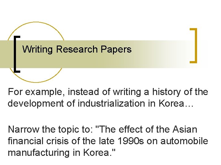 Writing Research Papers For example, instead of writing a history of the development of