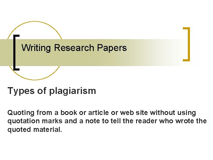 Writing Research Papers Types of plagiarism Quoting from a book or article or web