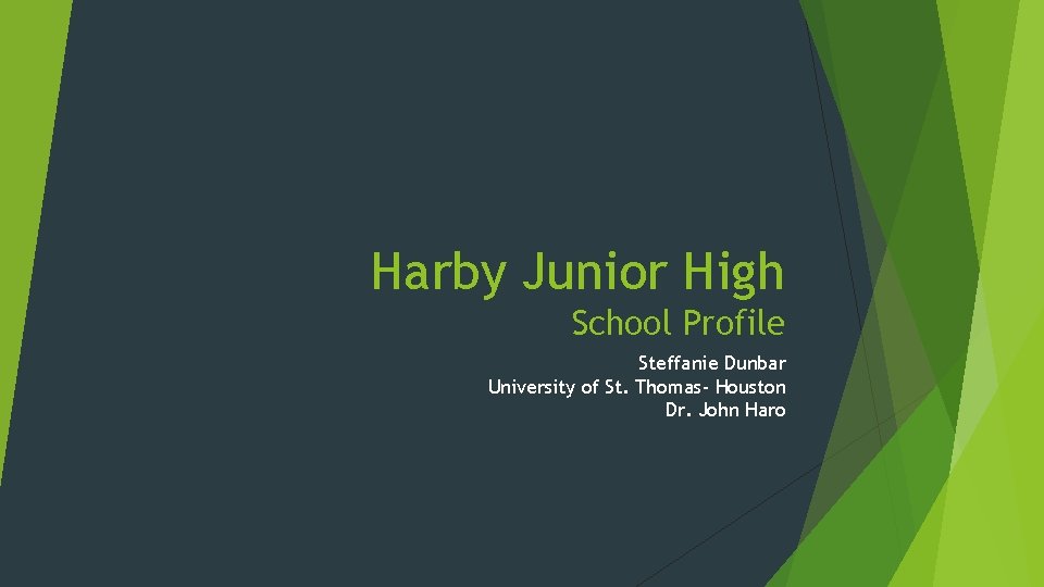 Harby Junior High School Profile Steffanie Dunbar University of St. Thomas- Houston Dr. John