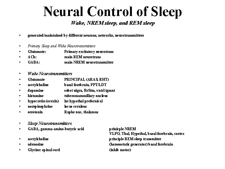 Neural Control of Sleep Wake, NREM sleep, and REM sleep • generated/maintained by different