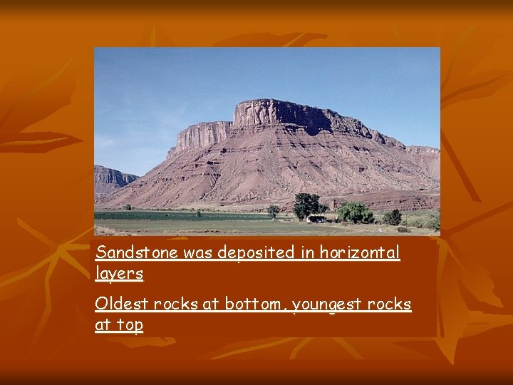 Sandstone was deposited in horizontal layers Oldest rocks at bottom, youngest rocks at top