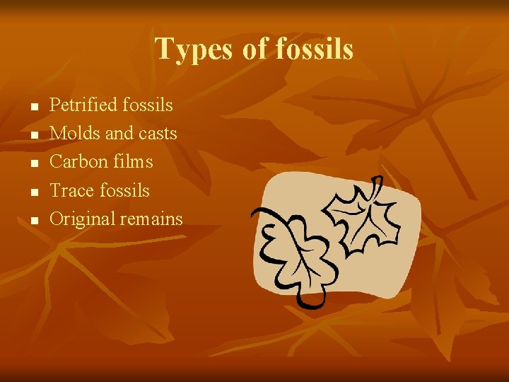 Types of fossils n n n Petrified fossils Molds and casts Carbon films Trace