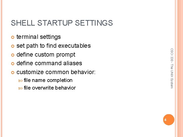 SHELL STARTUP SETTINGS terminal settings set path to find executables define custom prompt define