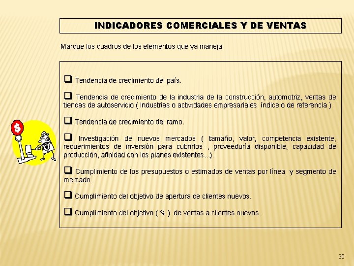 INDICADORES COMERCIALES Y DE VENTAS Marque los cuadros de los elementos que ya maneja: