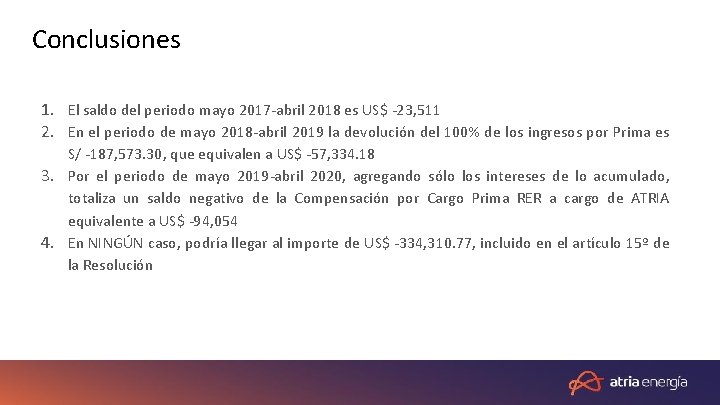 Conclusiones 1. El saldo del periodo mayo 2017 -abril 2018 es US$ -23, 511