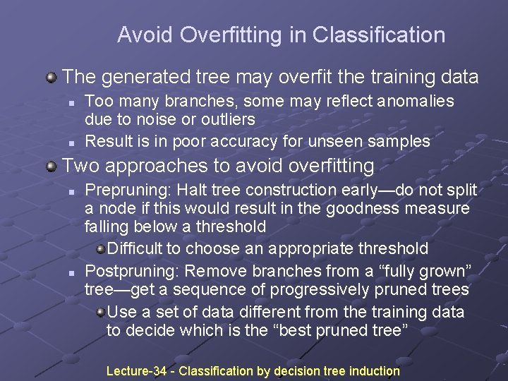 Avoid Overfitting in Classification The generated tree may overfit the training data n n Avoid Overfitting in Classification The generated tree may overfit the training data n n