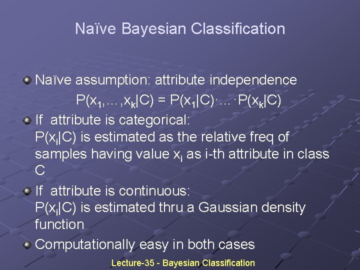 Naïve Bayesian Classification Naïve assumption: attribute independence P(x 1, …, xk|C) = P(x 1|C)·…·P(xk|C) Naïve Bayesian Classification Naïve assumption: attribute independence P(x 1, …, xk|C) = P(x 1|C)·…·P(xk|C)