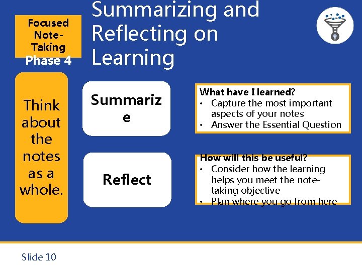 Focused Note. Taking Phase 4 Think about the notes as a whole. Slide 10