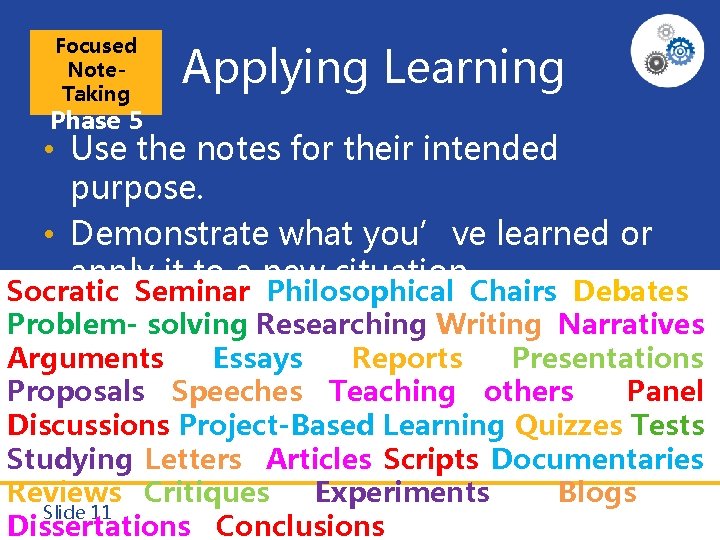Focused Note. Taking Applying Learning Phase 5 • Use the notes for their intended
