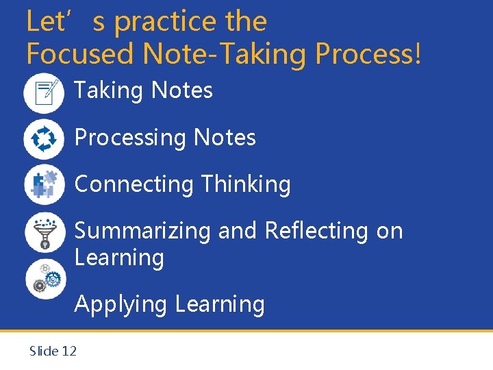 Let’s practice the Focused Note-Taking Process! Taking Notes Processing Notes Connecting Thinking Summarizing and