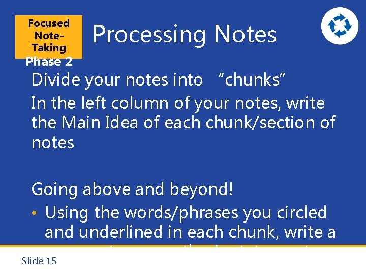 Focused Note. Taking Processing Notes Phase 2 Divide your notes into “chunks” In the