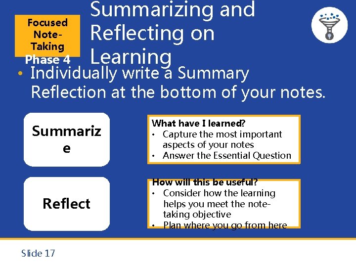 Focused Note. Taking Phase 4 Summarizing and Reflecting on Learning • Individually write a