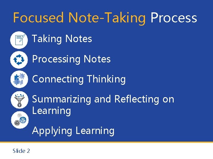 Focused Note-Taking Process Taking Notes Processing Notes Connecting Thinking Summarizing and Reflecting on Learning