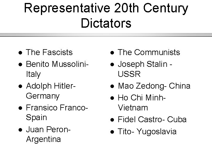 Representative 20 th Century Dictators l l l The Fascists Benito Mussolini. Italy Adolph