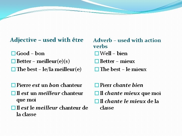 Adjective – used with être �Good – bon �Better – meilleur(e)(s) �The best –