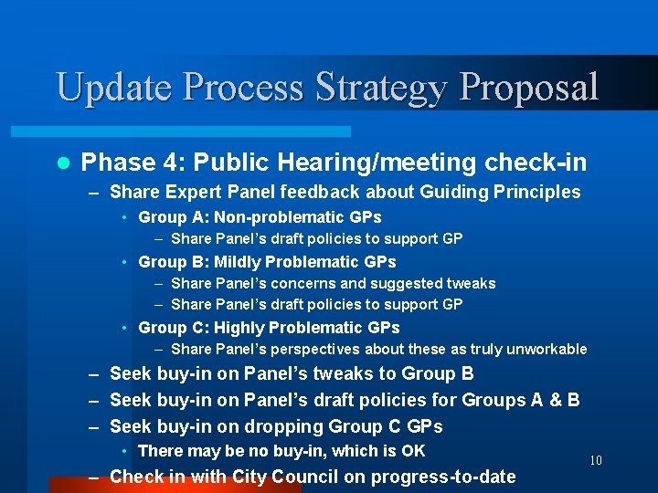 Update Process Strategy Proposal l Phase 4: Public Hearing/meeting check-in – Share Expert Panel