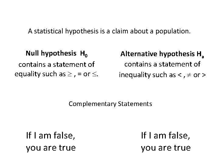 A statistical hypothesis is a claim about a population. Null hypothesis H 0 contains
