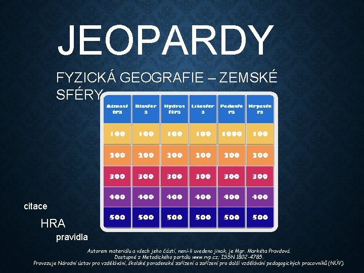 JEOPARDY FYZICKÁ GEOGRAFIE – ZEMSKÉ SFÉRY citace HRA pravidla Autorem materiálu a všech jeho