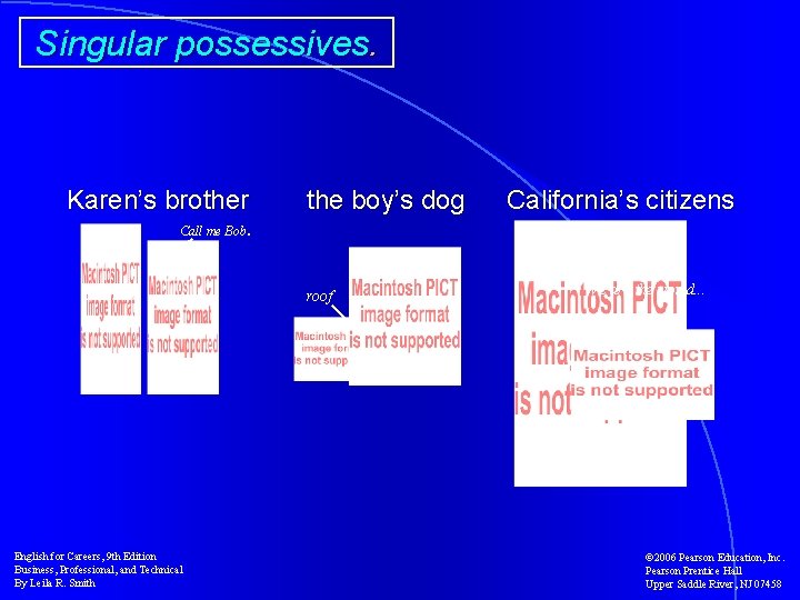 Singular possessives. Karen’s brother Call me Bob. the boy’s dog roof English for Careers,