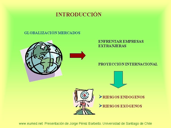 INTRODUCCIÓN GLOBALIZACIÓN MERCADOS ENFRENTAR EMPRESAS EXTRANJERAS PROYECCIÓN INTERNACIONAL ØRIESGOS ENDOGENOS ØRIESGOS EXÓGENOS www. eumed.