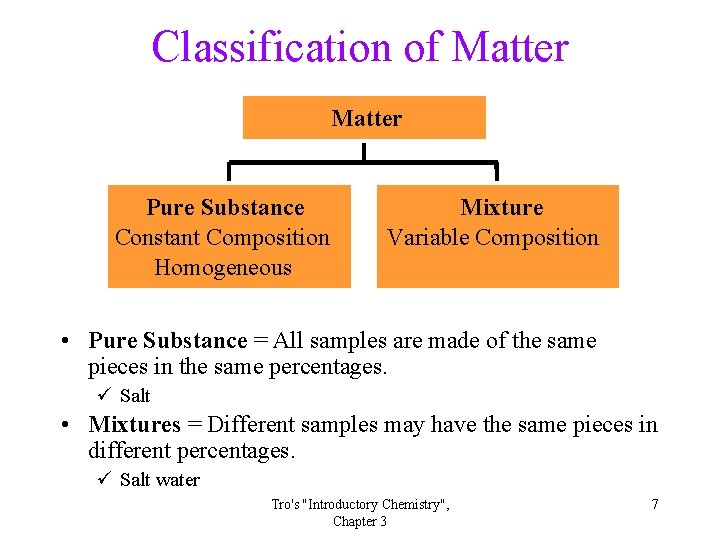 Classification of Matter Pure Substance Constant Composition Homogeneous Mixture Variable Composition • Pure Substance