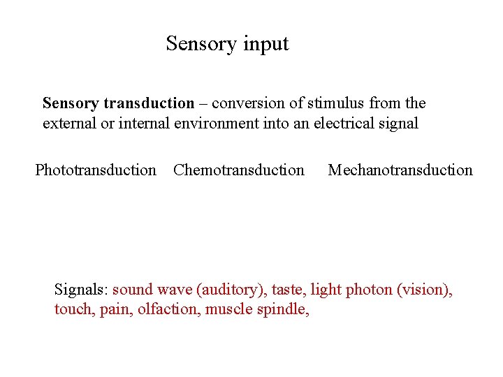 Sensory input Sensory transduction – conversion of stimulus from the external or internal environment