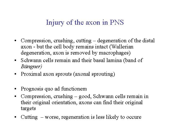 Injury of the axon in PNS • Compression, crushing, cutting – degeneration of the