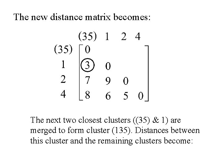 The new distance matrix becomes: The next two closest clusters ((35) & 1) are