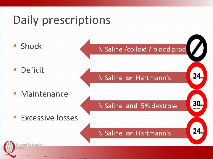 Daily prescriptions § Shock § Deficit N Saline /colloid / blood products N Saline