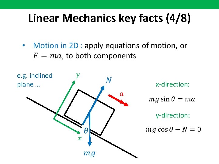 Linear Mechanics key facts (4/8) e. g. inclined plane … x-direction: y-direction: 