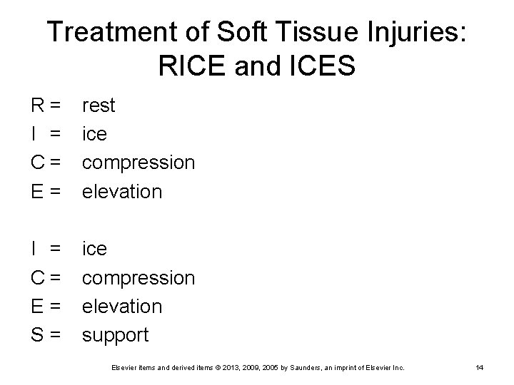 Treatment of Soft Tissue Injuries: RICE and ICES R= I = C= E= rest