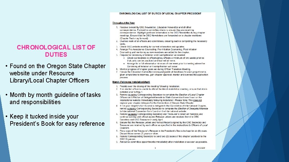 CHRONOLOGICAL LIST OF DUTIES • Found on the Oregon State Chapter website under Resource