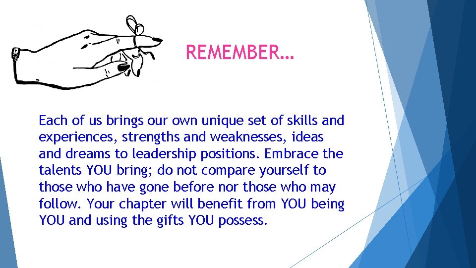 REMEMBER… Each of us brings our own unique set of skills and experiences, strengths