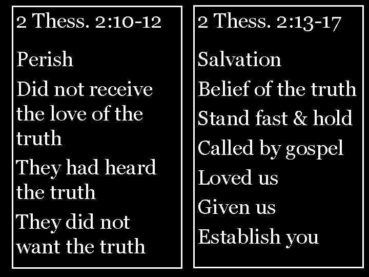 2 Thess. 2: 10 -12 2 Thess. 2: 13 -17 Perish Did not receive