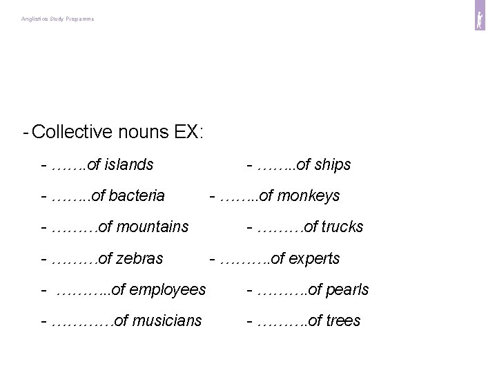 Anglistics Study Programme - Collective nouns EX: - ……. of islands - ……. .