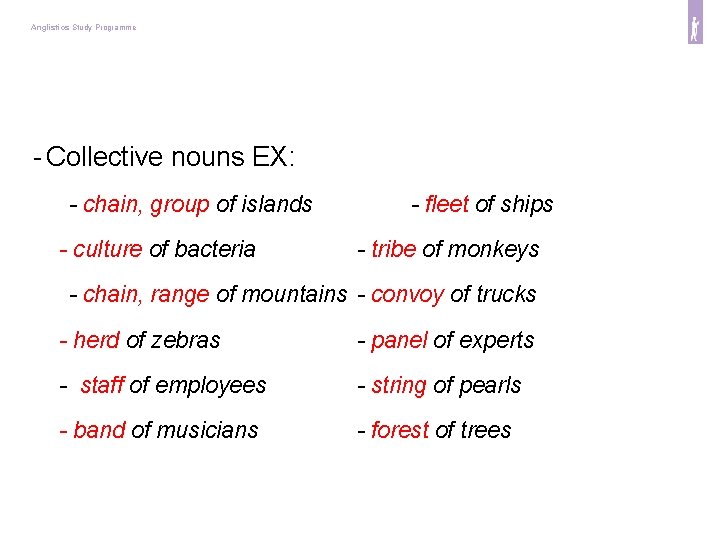 Anglistics Study Programme - Collective nouns EX: - chain, group of islands - culture