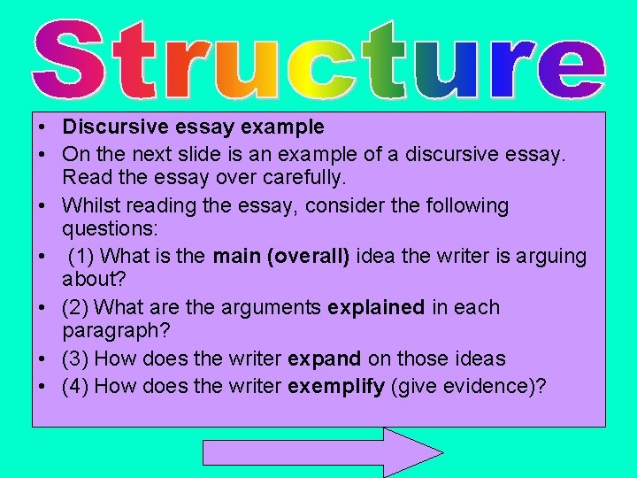  • Discursive essay example • On the next slide is an example of