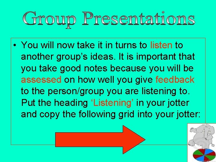  • You will now take it in turns to listen to another group’s