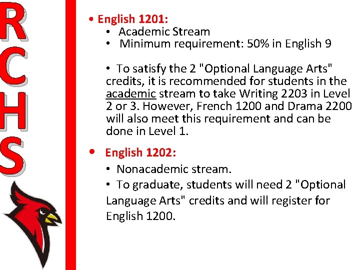 R C H S • English 1201: • Academic Stream • Minimum requirement: 50%