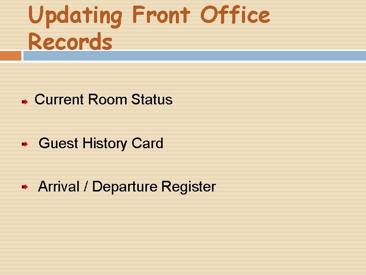 Updating Front Office Records Current Room Status Guest History Card Arrival / Departure Register