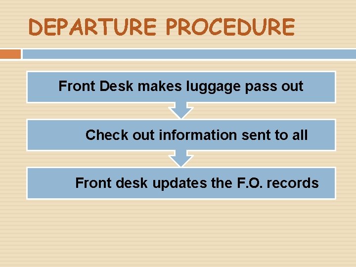 DEPARTURE PROCEDURE Front Desk makes luggage pass out Check out information sent to all DEPARTURE PROCEDURE Front Desk makes luggage pass out Check out information sent to all