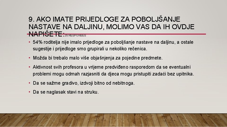 9. AKO IMATE PRIJEDLOGE ZA POBOLJŠANJE NASTAVE NA DALJINU, MOLIMO VAS DA IH OVDJE