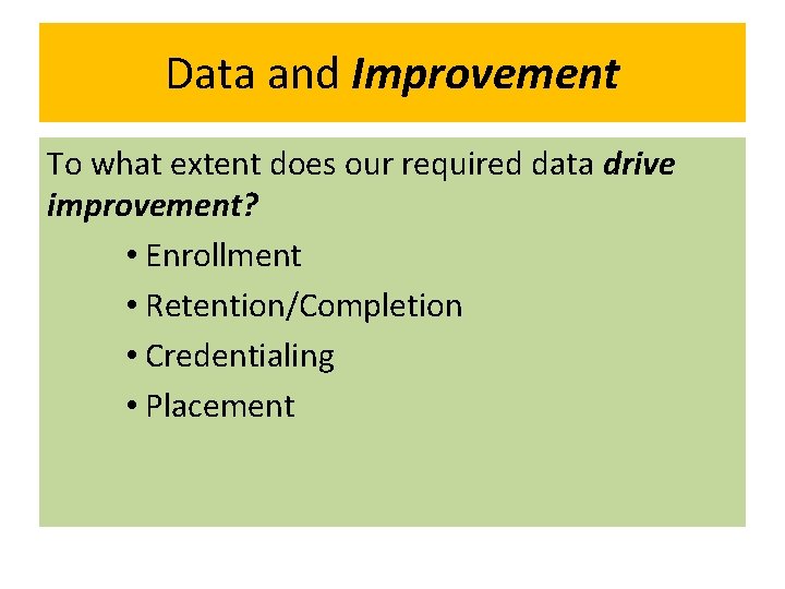 Data and Improvement To what extent does our required data drive improvement? • Enrollment