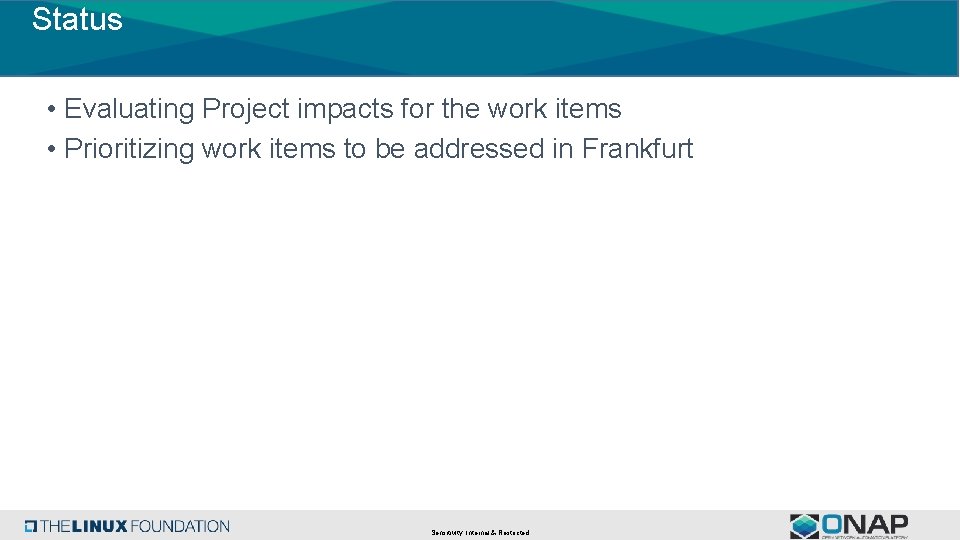 Status • Evaluating Project impacts for the work items • Prioritizing work items to
