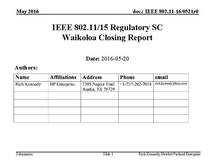 May 2016 doc. : IEEE 802. 11 -16/0521 r 0 IEEE 802. 11/15 Regulatory