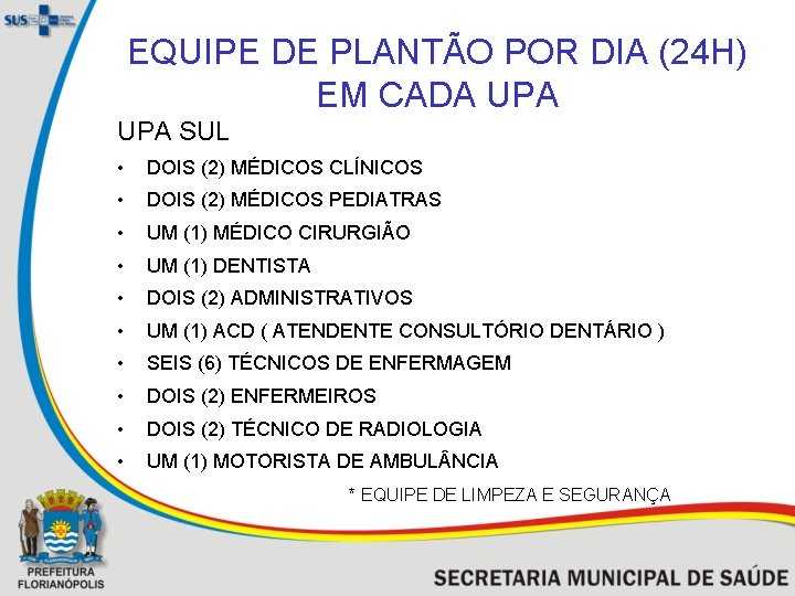 EQUIPE DE PLANTÃO POR DIA (24 H) EM CADA UPA SUL • DOIS (2)