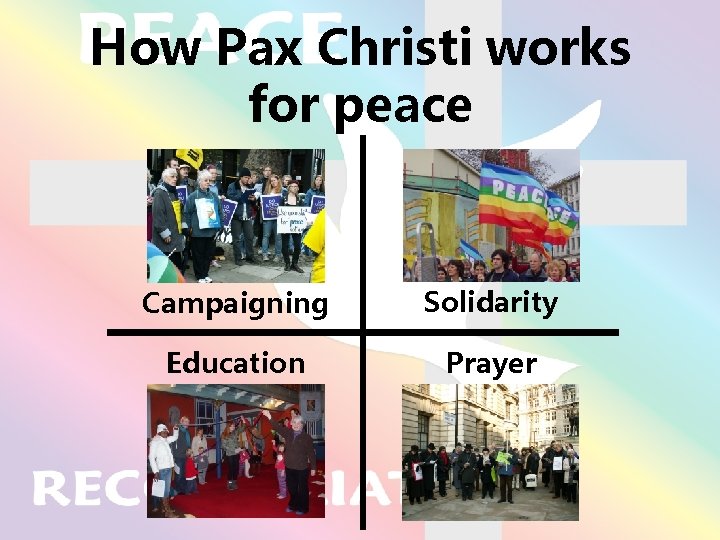 How Pax Christi works for peace Campaigning Solidarity Education Prayer 