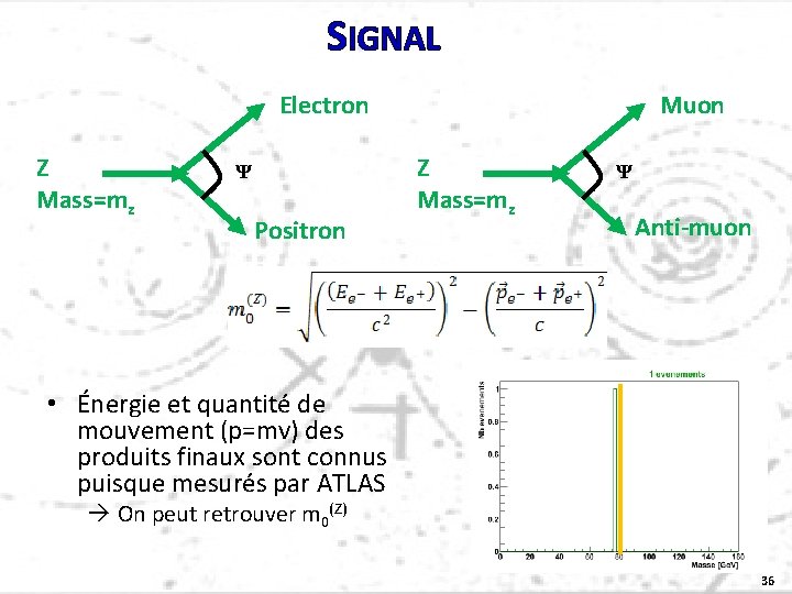 SIGNAL Electron Z Mass=mz Ψ Positron Muon Z Mass=mz Ψ Anti-muon • Énergie et