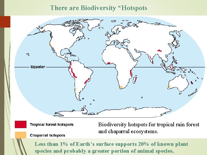 There are Biodiversity “Hotspots” Biodiversity hotspots for tropical rain forest and chaparral ecosystems. Less